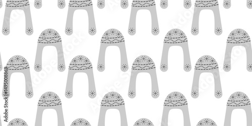 Winter Hat Ushanka with snowflakes decor Grayscale Seamless Pattern Warmth Clothes promo Background