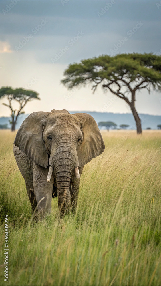 Obraz premium African elephant walking through tall grass savanna
