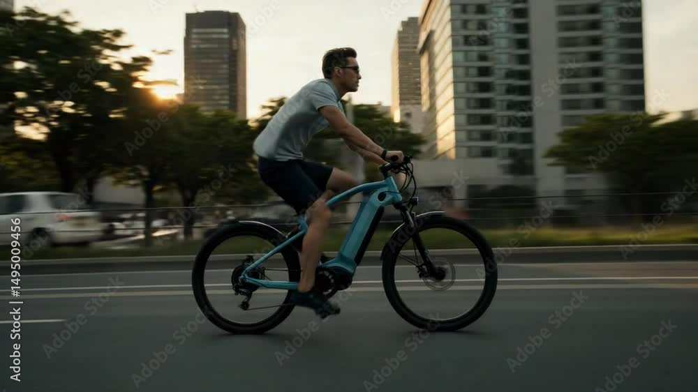 Active lifestyle: Man riding electric bicycle in urban environment at sunset Active lifestyle: Man riding electric bicycle in urban environment at sunset