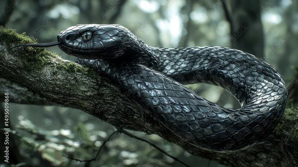 Fototapeta premium Enigmatic serpent emerges from the verdant depths of the arboreal realm