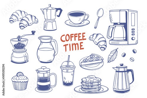 Coffee time with coffee cups, coffee makers, croissants and cakes. Coffee theme with different elements. Hand drawn aesthetic illustration.