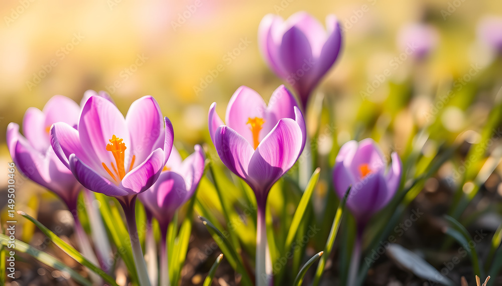 Vibrant cluster of purple crocuses basking in golden sunlight - floral spring banner header background, Diffused lighting. isolated with white highlights Vibrant cluster of purple crocuses basking in golden sunlight - floral spring banner header background, Diffused lighting. isolated with white highlights