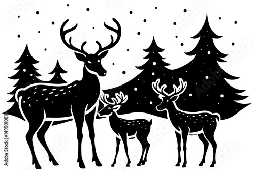 northern lights above reindeer family vector illustration