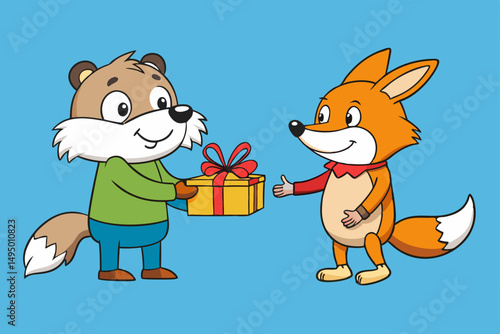 Forest animals exchanging tiny gifts vector illustration