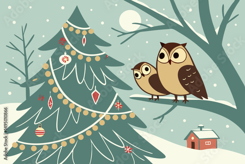 Owls in a tree decorated for Christmas vector illustration