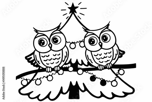 Owls in a tree decorated for Christmas vector illustration