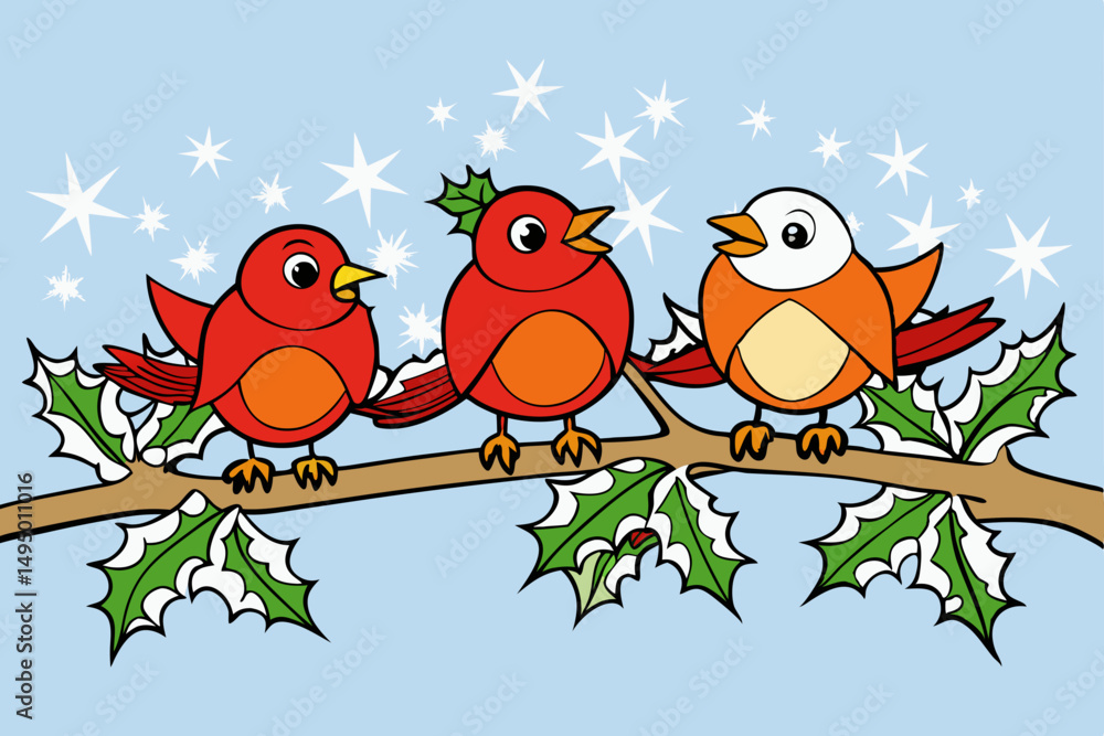 Fototapeta premium Winter birds on a snowy branch with holly vector illustration