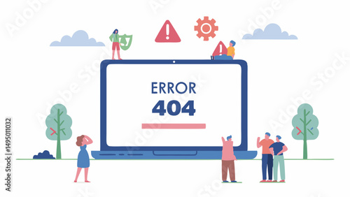 Illustration of error page with error code displayed on a laptop surrounded by people and design elements
