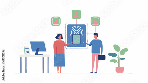 Illustration of two people interacting with a large smartphone displaying a fingerprint scanner interface