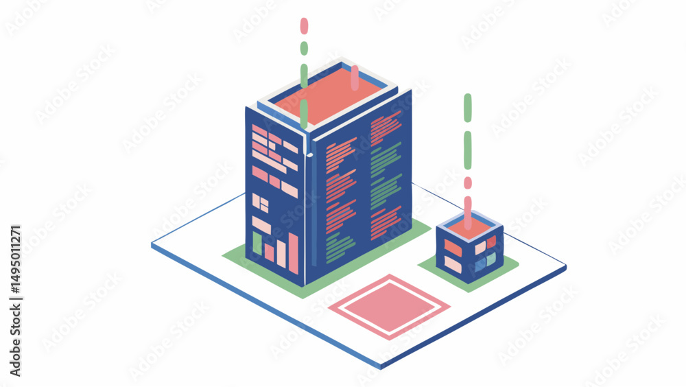 Fototapeta premium Isometric illustration of a data center with servers and data transmission lines on a white background