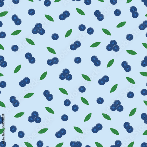Seamless vector pattern with blueberries and green leaves on a light blue background. Stylish and colorful flat-style illustration. Perfect for textiles, packaging, wallpaper, wrapping paper.