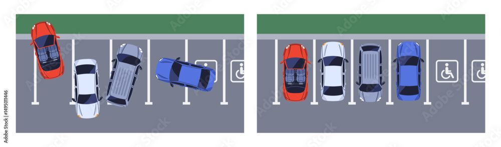 Fototapeta premium Parking lots, good and bad car park behavior comparison, top above view. Correct alignment, incorrect wrong crossing space, spot lines, traffic rule violations, mistakes. Flat vector illustrations