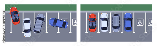Parking lots, good and bad car park behavior comparison, top above view. Correct alignment, incorrect wrong crossing space, spot lines, traffic rule violations, mistakes. Flat vector illustrations