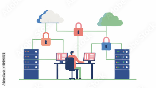 Illustration depicting a person working at a desk with computers connected to a secure cloud network