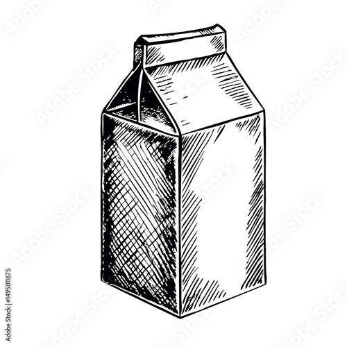 Sketch of milk carton with minimal hatching in vintage style