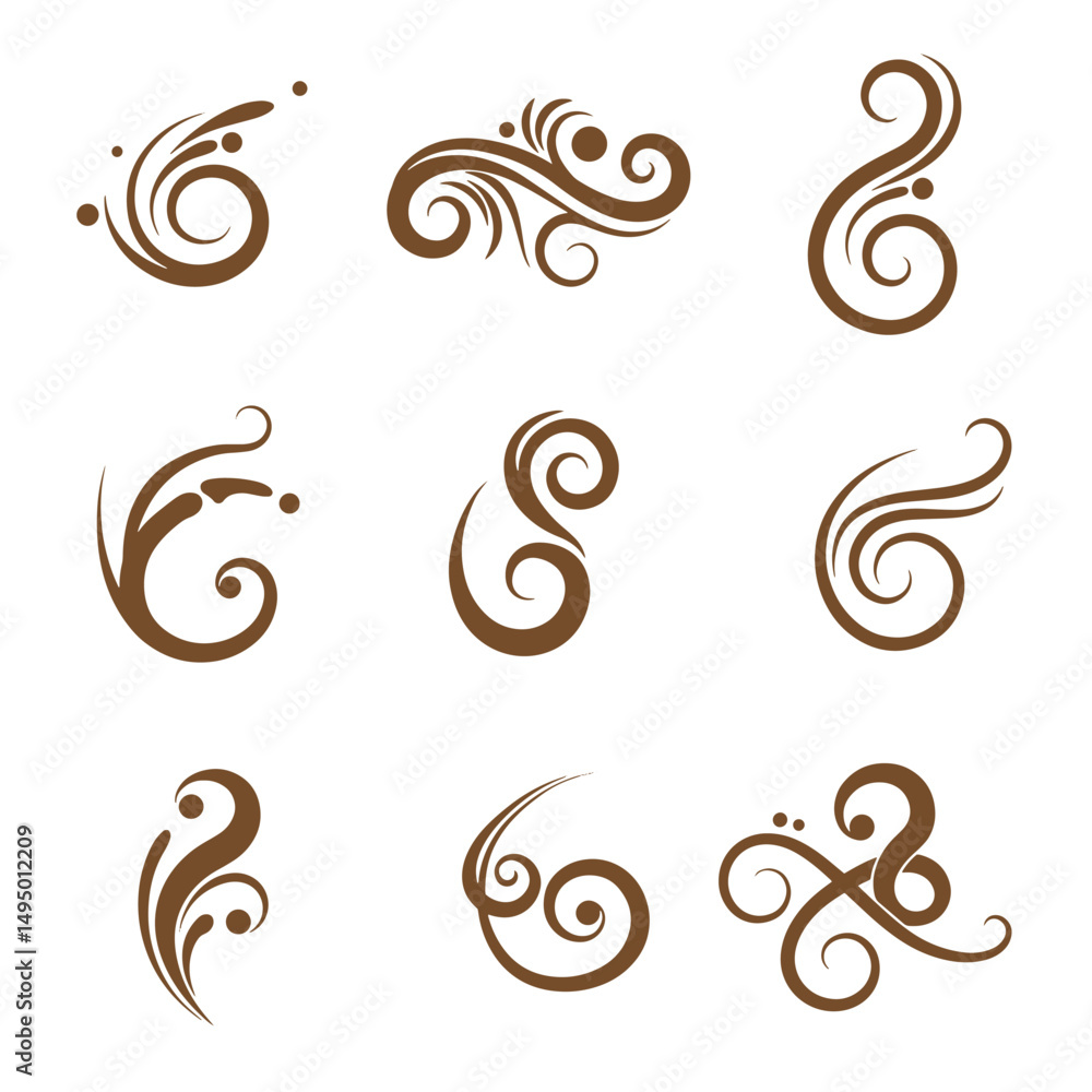 Decorative swirls and flourishes vector set of silhouettes in elegant brown colors on white background Decorative swirls and flourishes vector set of silhouettes in elegant brown colors on white background
