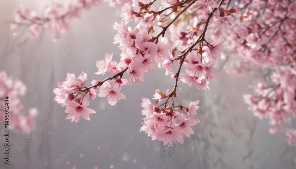 Obraz premium Delicate pink sakura petals drift on gentle breeze, soft focus background , bokeh, macro