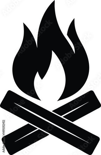 Minimalist Campfire Silhouette Crossed Logs with Flame Bold Black Design