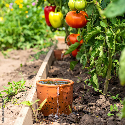 Sustainable gardening, showcasing olla irrigation with ripe tomatoes in the background. Ecofriendly watering technique. Represents selfsufficiency, healthy lifestyle, and organic farming.