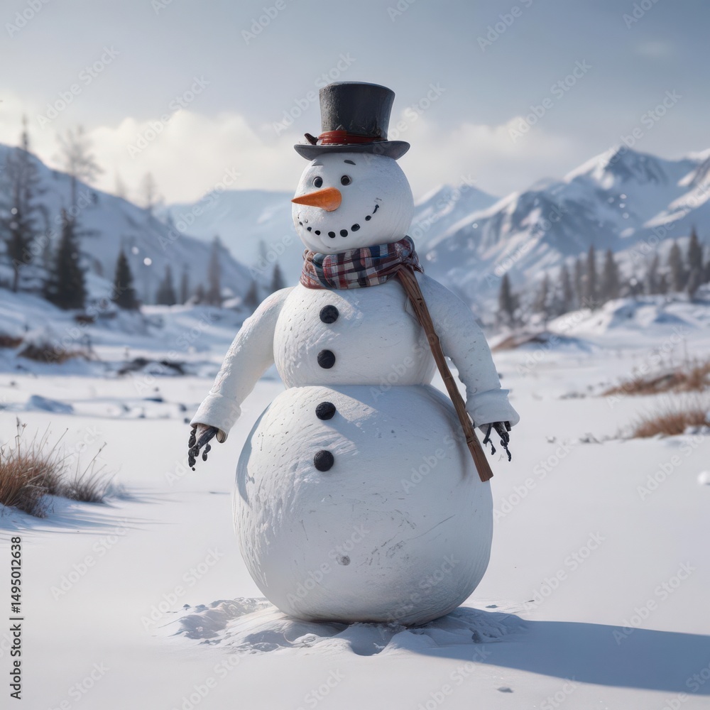 Obraz premium Frosty snowman, winter sports gear scattered, bleak landscape, snowdrift, frozen
