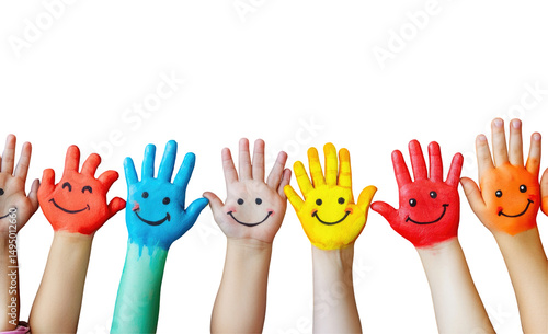 Colorful children's hands, painted with happy faces, reaching upwards