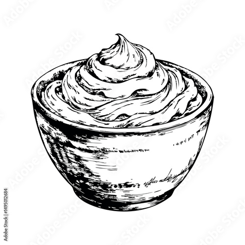 Vintage bowl of sour cream in engraving style illustration