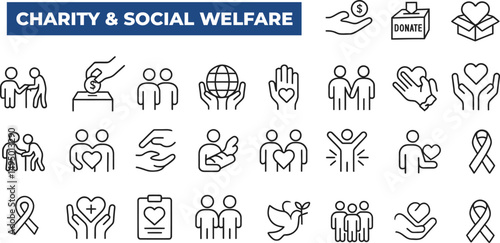 Charity & Social Welfare Icon Set – Thin line, editable stroke icons for philanthropy, nonprofit work, volunteering, donations, community support, and humanitarian relief.