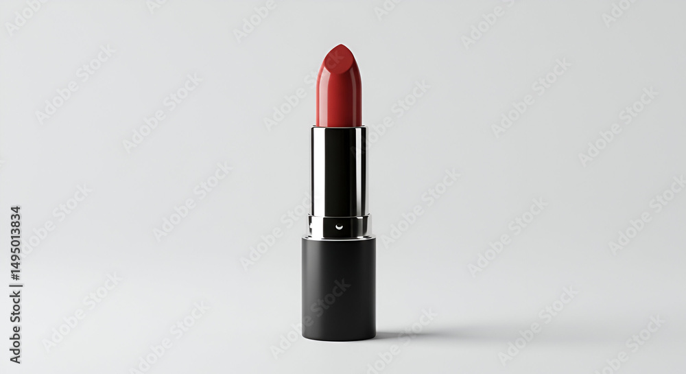 Red lipstick in a black and silver tube, standing upright on a plain white background. No people. Cosmetics product. Red lipstick in a black and silver tube, standing upright on a plain white background. No people. Cosmetics product.