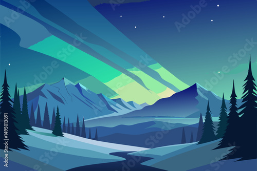 Northern lights over snowy forest vector illustration