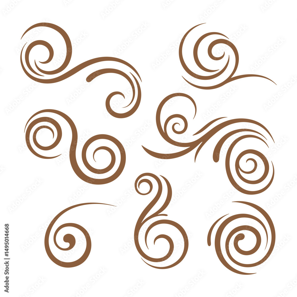 Elegant collection of brown swirls and curls design elements isolated on white background Elegant collection of brown swirls and curls design elements isolated on white background