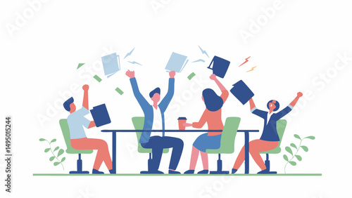 Group of colleagues celebrating success by throwing papers in the air at a table in an office setting