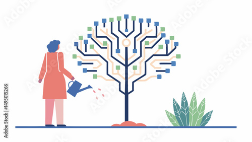A woman watering a circuit board tree with blue and green leaves and a bush to the side of the tree