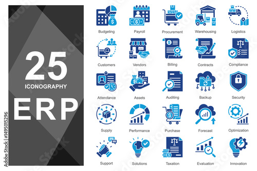 Duotone blue glyph icons for enterprise suite dashboards.  