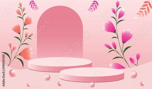 Podium contant banners set plants, leaves, flowers art. Product sales templates, mockup, cover, branding, labels, poster, ads