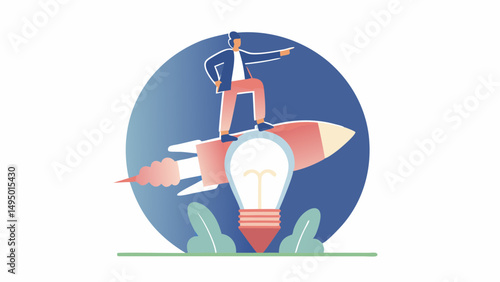 A man in a suit riding a rocket powered by a lightbulb pointing forward with a blue background oval shape