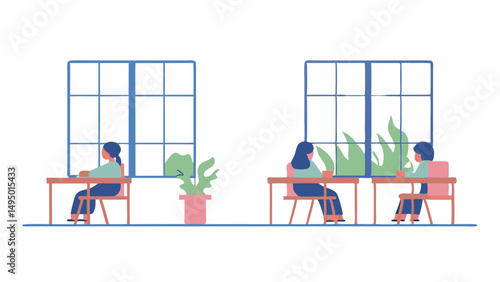 Illustration of people sitting at desks by windows with plants in a bright and airy workspace setting