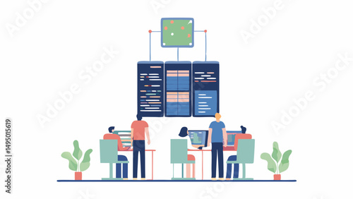 Illustration of a server room with people working on computers and a connected monitor displayi