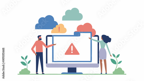 Two people looking at a computer screen with a folder and a warning sign surrounded by colorful clouds