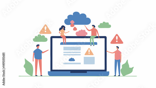 Illustration of people interacting with a large laptop with cloud and warning symbols around it