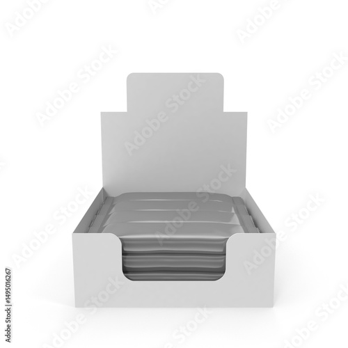 Open display box with sealed sachets isolated on transparent background