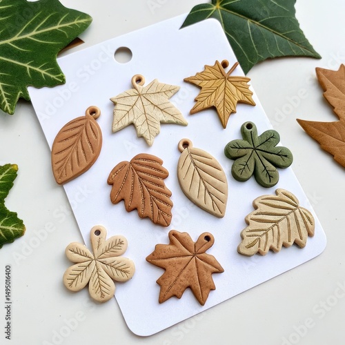 Variety of handmade polymer clay leaf charms displayed on a card surrounded by real leaves