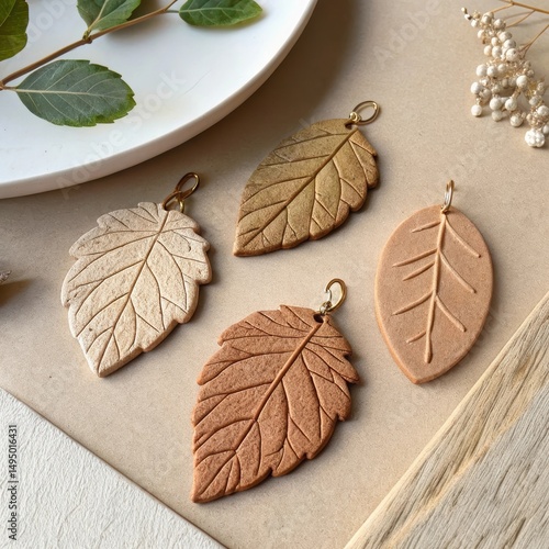 Stylish handmade leaf pendants made of polymer clay in various earthy tones