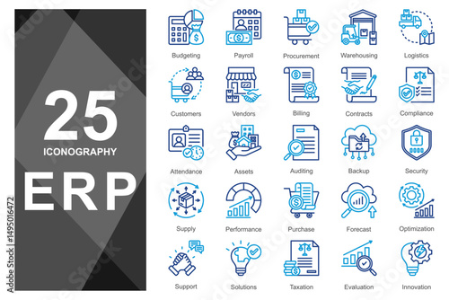 Blue duotone line icons for enterprise suite features.     