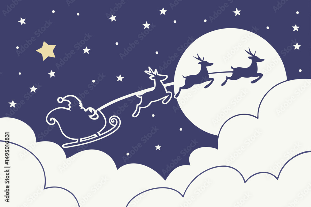 Naklejka premium flying sleigh above clouds with stars dreamy vector illustration