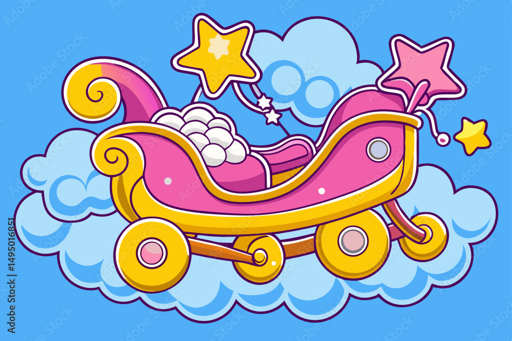 Obraz premium Flying Sleigh Above Clouds with Stars Dreamy Vector Illustration