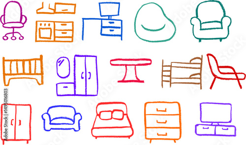 Furniture Related Icons Crayon Chalk Drawing Vector Set
