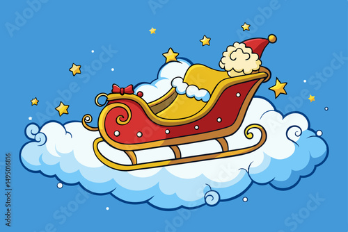 Flying sleigh above clouds with stars dreamy vector illustration