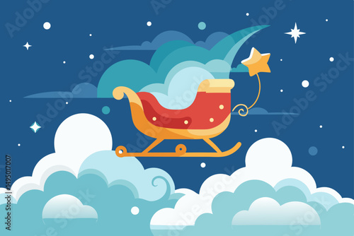 flying sleigh above clouds with stars vector illustration