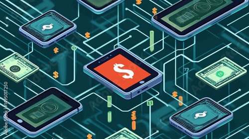 Wallpaper Mural Digital money concept. Mobile phones displaying currency, connected by a network of lines and nodes. Modern financial technology. Torontodigital.ca