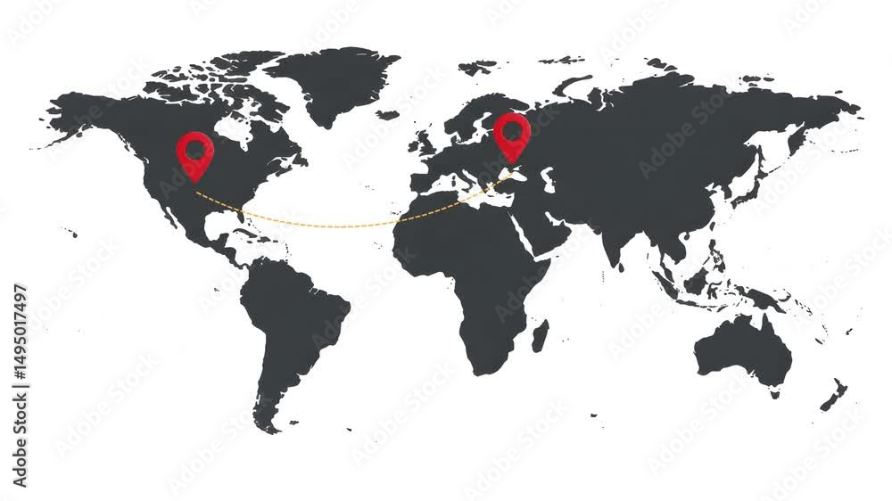 Animated world map graphic showing appearing red location pins connected by a moving yellow dotted line, visualizing a global route or connection, with copy space